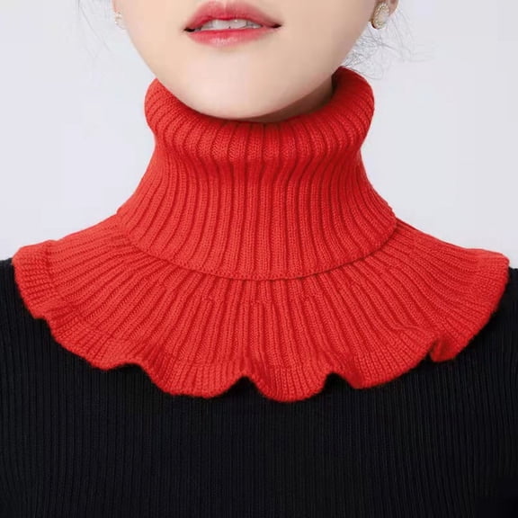 New Winter Knitted Warm Neckerchief for Women Solid Color Ruffle Scarf Soft Outdoor Knitting Warmer Neck Collar Pullover Scarves (Red)