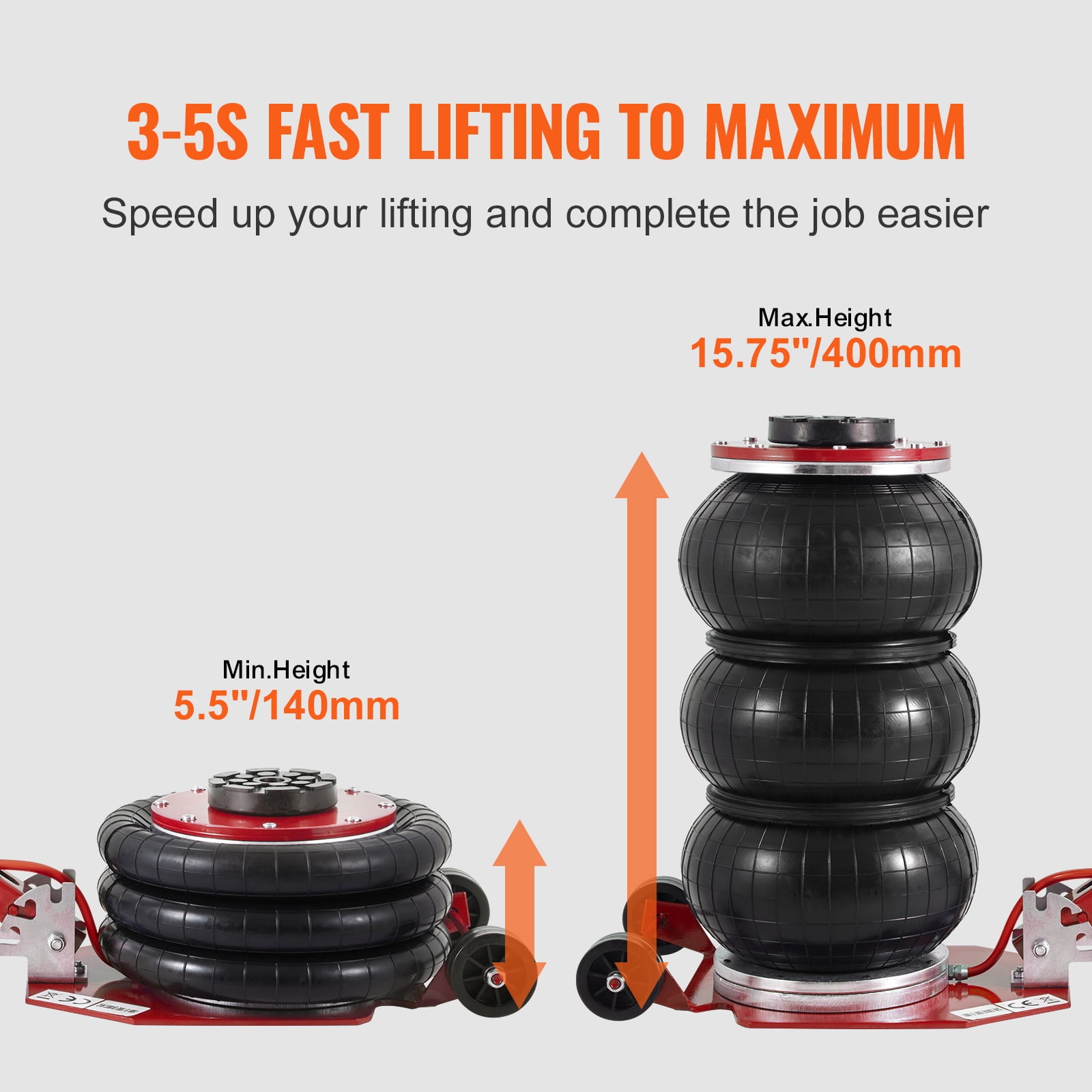 VEVOR Air Jack, 3 Ton/6600 lbs Triple Bag Air Jack, Airbag Jack with Six Steel Pipes, Lift up to 17.7 inch/450 mm, 3-5 s Fast Lifting Pneumatic Jack, with Adjustable Handles for Cars Repair