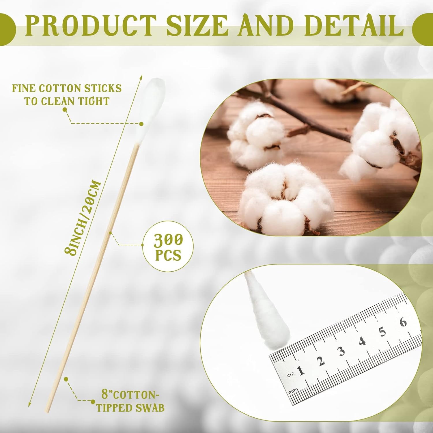 300 Pcs 8 Inch Large Cotton Swabs with Bamboo Handle Oversized Extra Long Cotton Tipped Applicators with Large 1/2" Diameter Ear Swabs for Wound Cleaning, Makeup