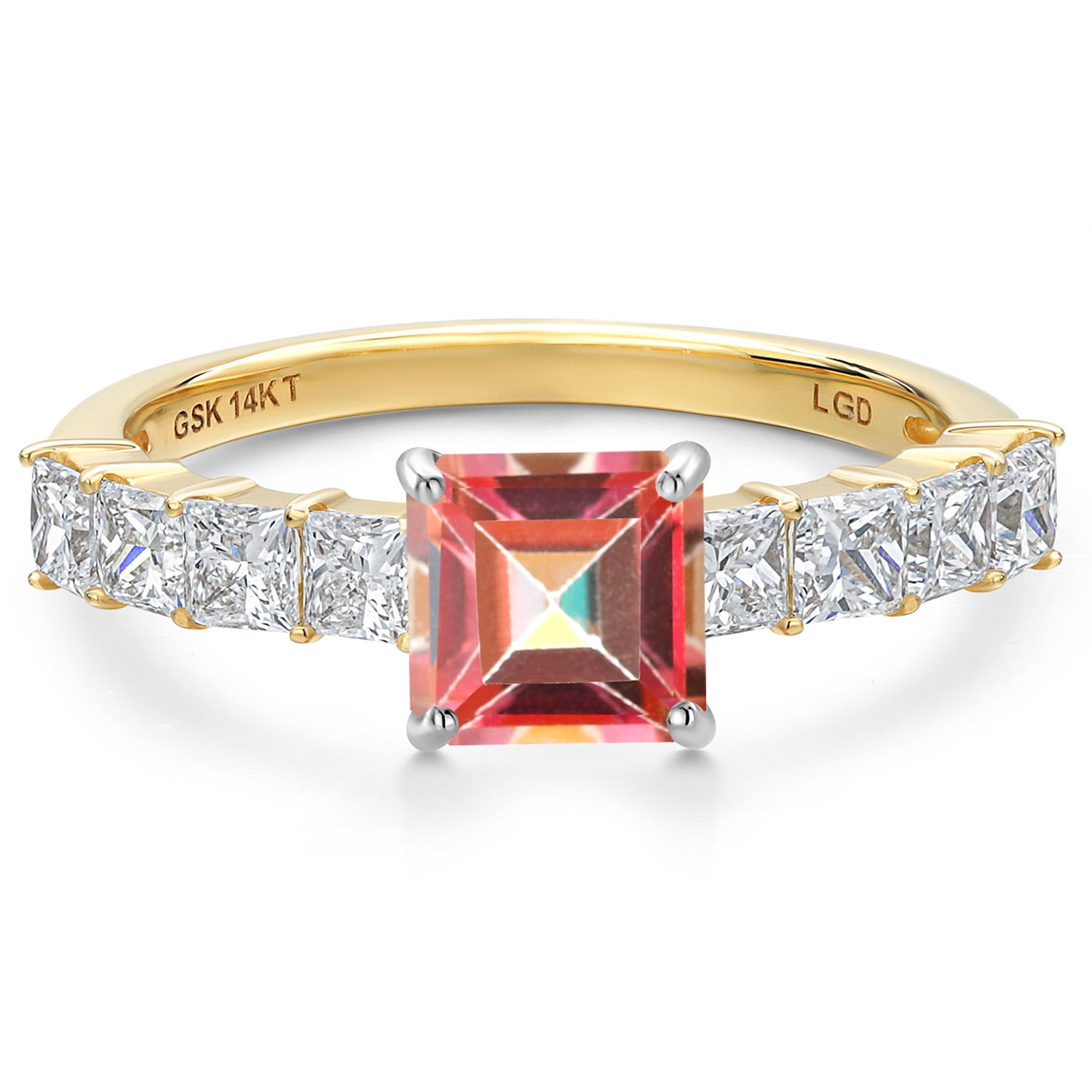 Gem Stone King 14K White And Yellow Gold Ecstasy Mystic Topaz and Lab Grown Diamond Engagement Ring for Women | 2.16 Cttw | Princess 6MM | Gemstone November Birthstone | Size 9