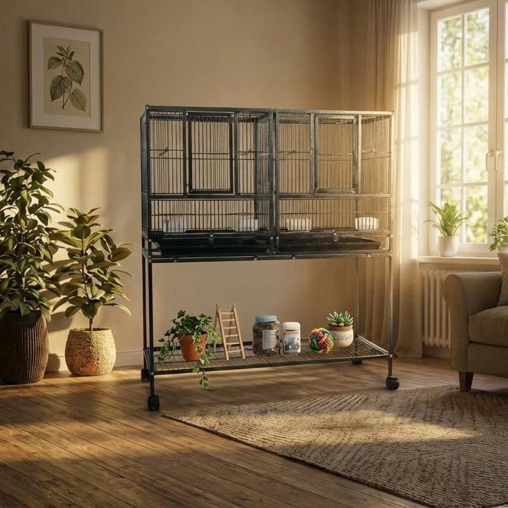 41 Inch Divided Breeding Flight Bird Cage with Rolling Stand. Detachable Breeder Parakeet Cage with Perches Food Boxes Slide-Out Tray. Large Bird Cages for Parrots Parakeet  Cockatiel Lovebird