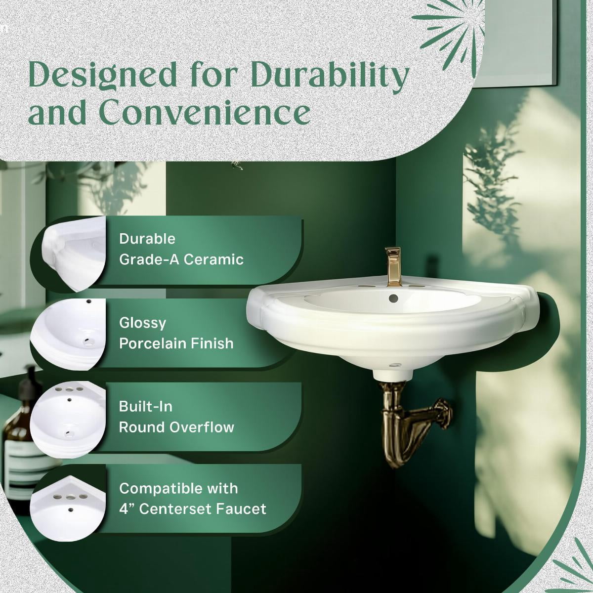 Renovators Supply Portsmouth Corner Wall Mounted Bathroom Sink 22" White Ceramic Floating Vessel Sink w/Overflow