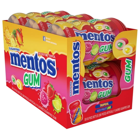 Mentos Gum, Tropical Red Fruit Lime, Sugar Free, 50 Pieces (Pack of 6)