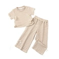 thumbnail image 2 of Girls 2 Piece Summer Outfits Ribbed Striped Short Sleeve T-Shirt & Elastic Waist Wide Leg Pants with Bow Details Casual Clothes for Kids White Size 2-3 Years, 2 of 8