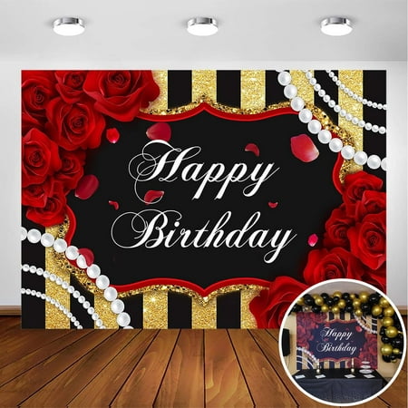 Image of Avezano Red Rose Birthday Backdrop for Girls Woman Party Decorations Red Roses Floral Pearl Black and Gold Stripes