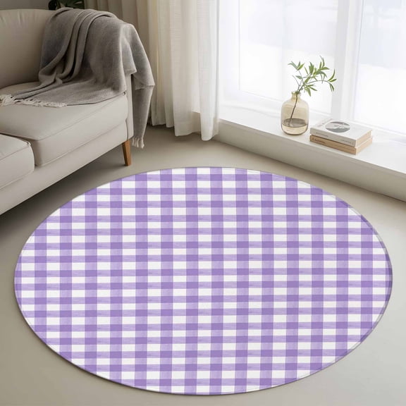 Purple Round Area Rug 4 FT, Non Slip Indoor Outdoor Rug, Country French Rustic Buffalo Plaid Modern Art Washable Soft Circular Carpet Non-Shedding Floor Mat for Coffee Table Nursery Foyer Balcony