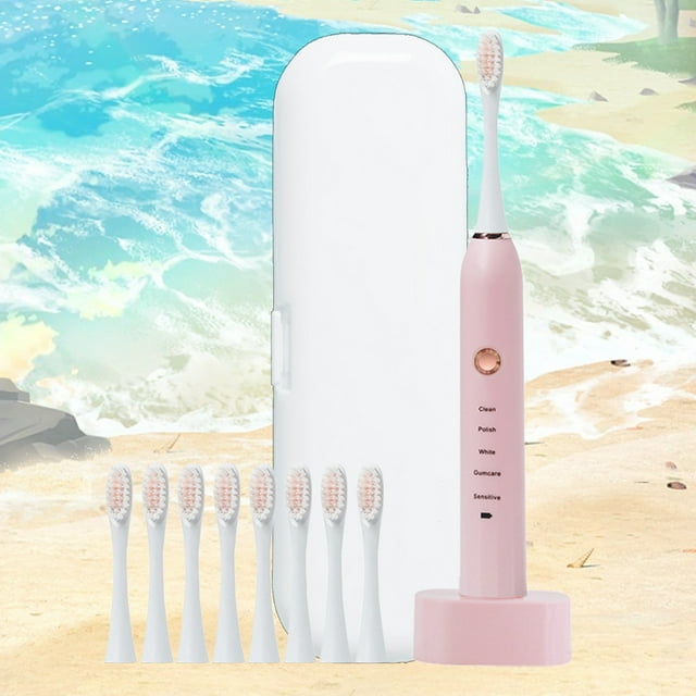 Xihbxyly Cepillo de Dientes Eléctrico, Vibración Silenciosa, 5 Modos, Resistencia Al Agua Ipx7, Temporizador, 8 Cabezales de Repuesto, Recargable Por Usb, Estuche de Viaje Portátil, Blanco, Azul y Ro