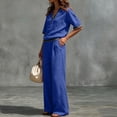 thumbnail image 4 of Cagogo Women Plus Size 2 Piece Set V Neck Short Sleeve Top Wide Leg Pants Casual Summer Boho Vacation Outfits Loose Matching Lounge Sets Tracksuits Travel Cruise Clothes, Blue 3XL, 4 of 7