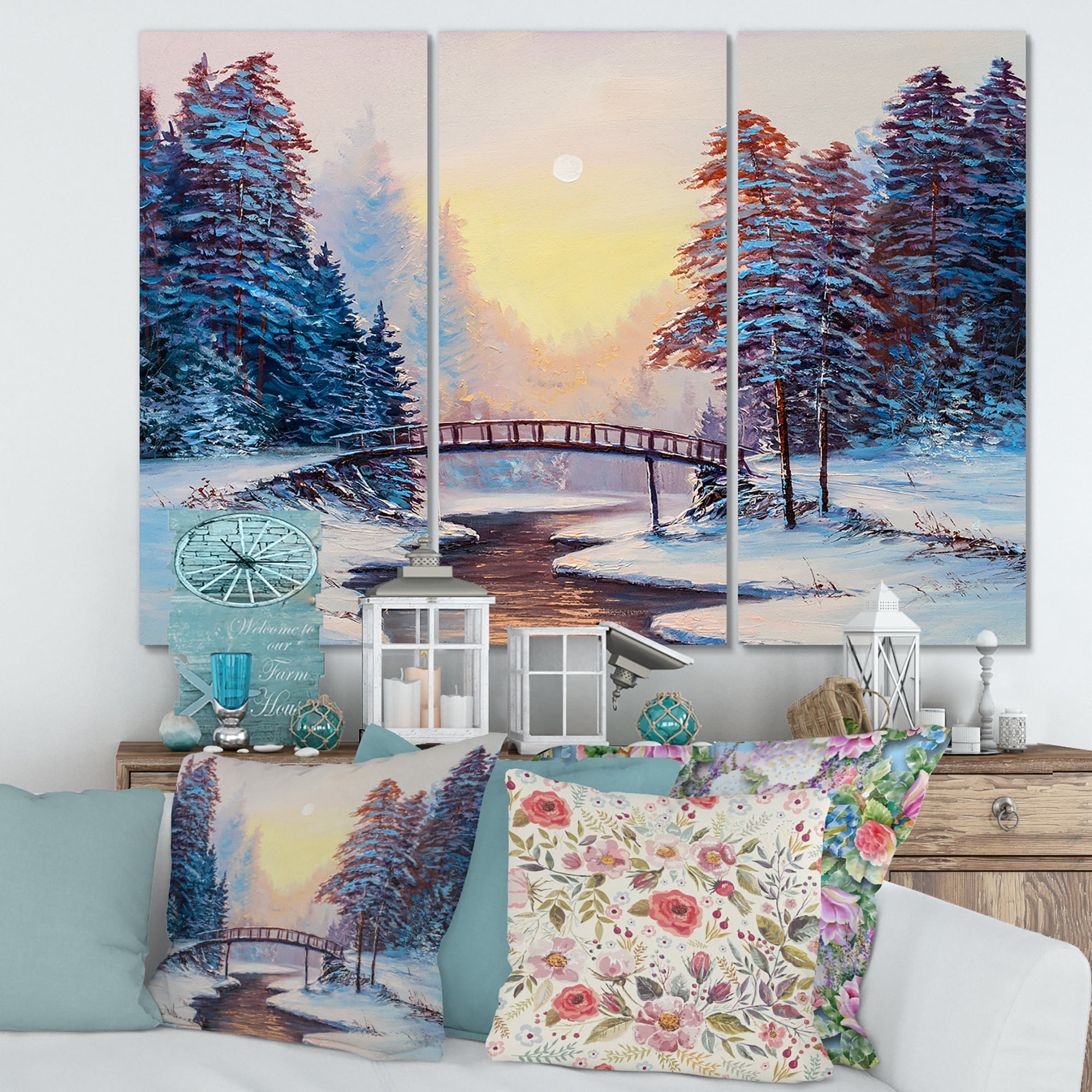 Designart ' Snow Covered Landscape and Little Bridge ' Traditional Canvas Wall Art Print