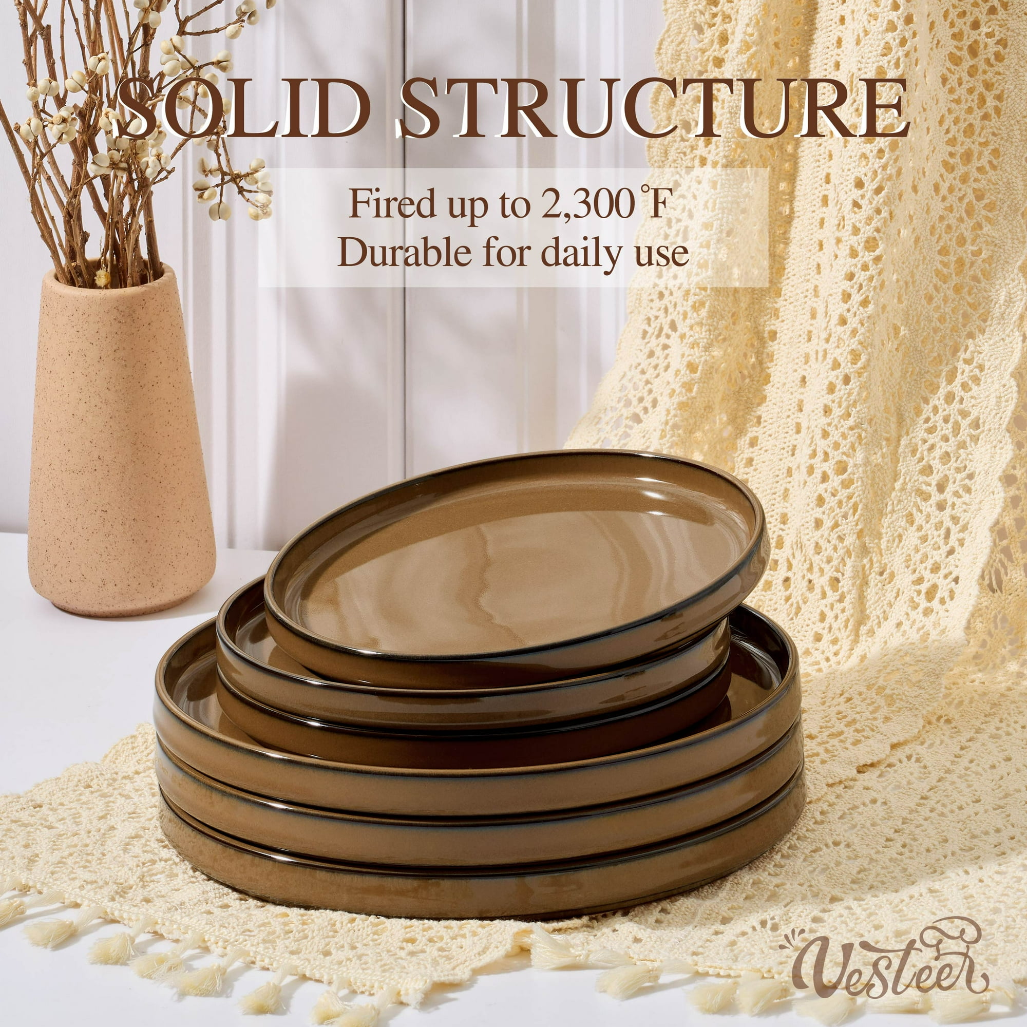 Vesteel 12-Piece Dinnerware Set, Ceramic Tableware Reactive Glaze Plates and Bowls Sets, Healthy Yixing Purple Clay Dishes Set, Dishwasher & Microwave Safe - Caramel