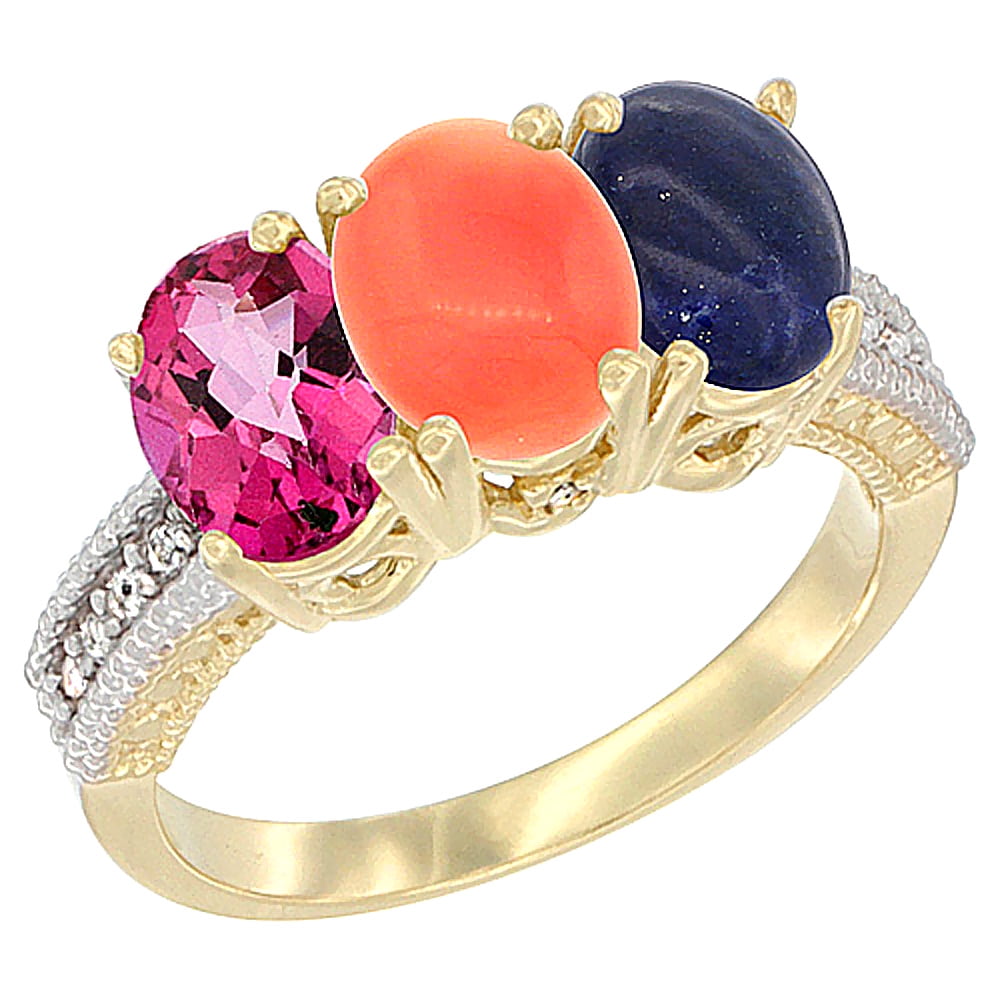14K Yellow Gold Natural Pink Topaz, Coral & Lapis Ring 3-Stone 7x5 mm Oval Diamond Accent, sizes 5 10 by WorldJewels