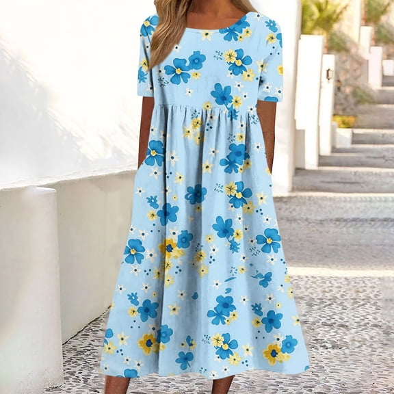 QUNYINEY Short Sleeve Women Dresses Long A Line Boho Summer Sundress with Pockets Casual Loose Fit Casual Crew Neck Dresses