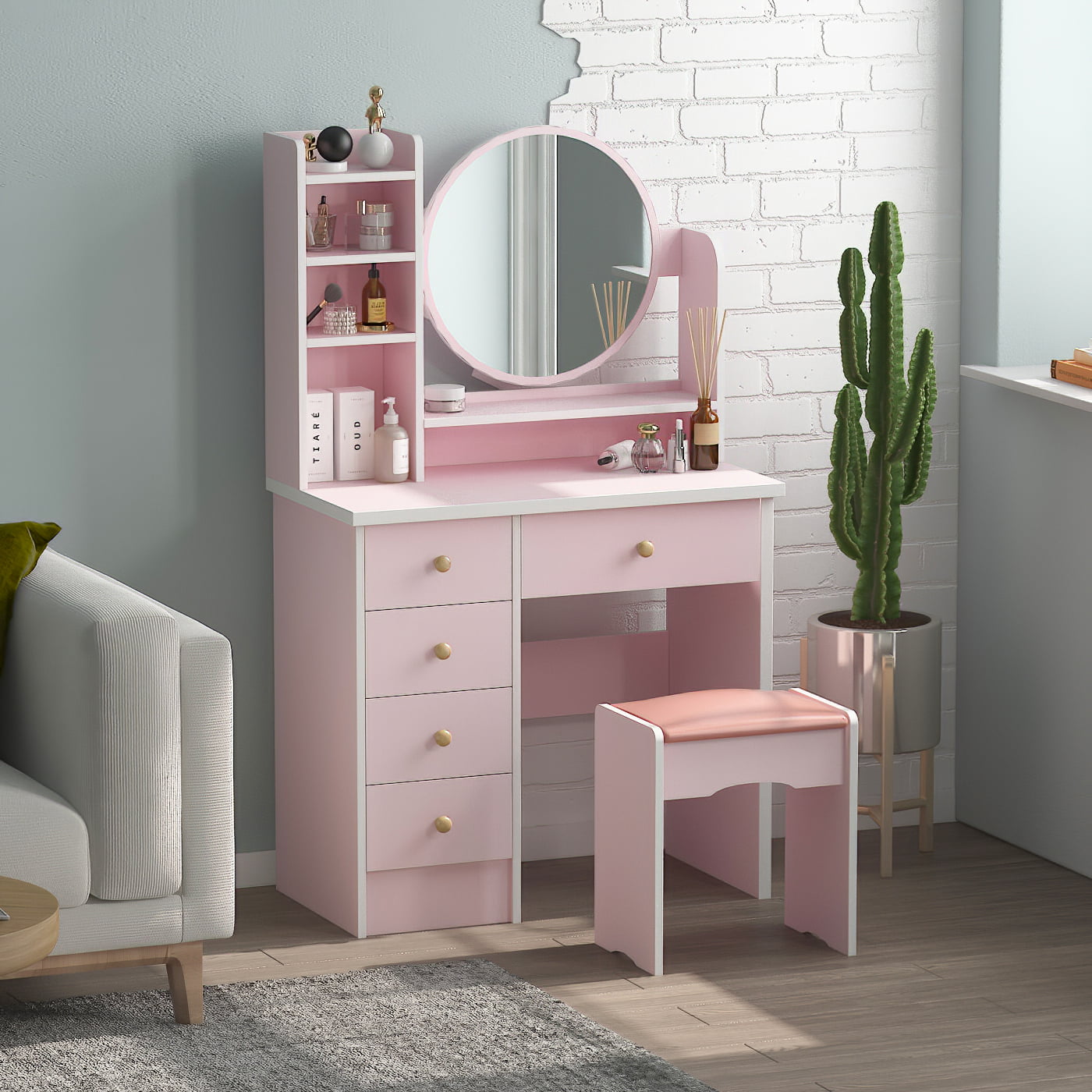 Multifunctional Computer Hutches, Vanity Set Dressing Table with Mirror and 5 Drawers for Bedroom, White Walmart.com