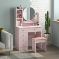thumbnail image 3 of Multifunctional Computer Armoire Hutches, Vanity Set Makeup Dressing Table with Mirror and 5 Drawers for Bedroom, Pink, 3 of 7
