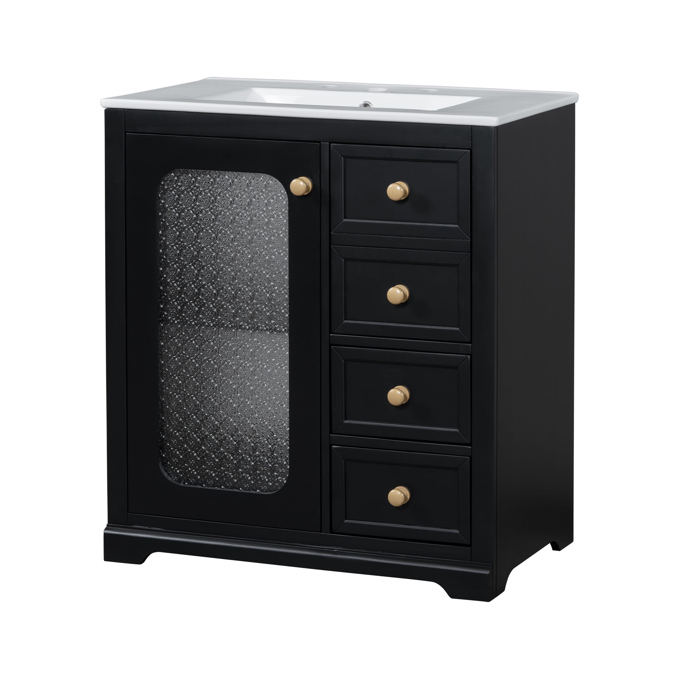 Seranor Modern Bathroom Vanity with Ceramic Sink, Shelves, Drawers, Wood, Black