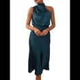 thumbnail image 1 of Vestido de Satén de Verano 2025 para Mujer, Elegante, Sin Mangas, con Cuello Alto, para Cóctel o Fiesta. Azul Marino L, 1 of 10