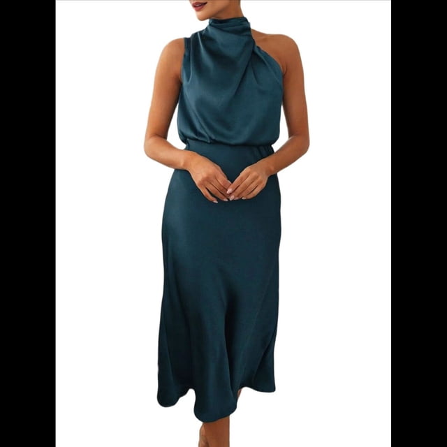 Vestido de Satén de Verano 2025 para Mujer, Elegante, Sin Mangas, con Cuello Alto, para Cóctel o Fiesta. Azul Marino L
