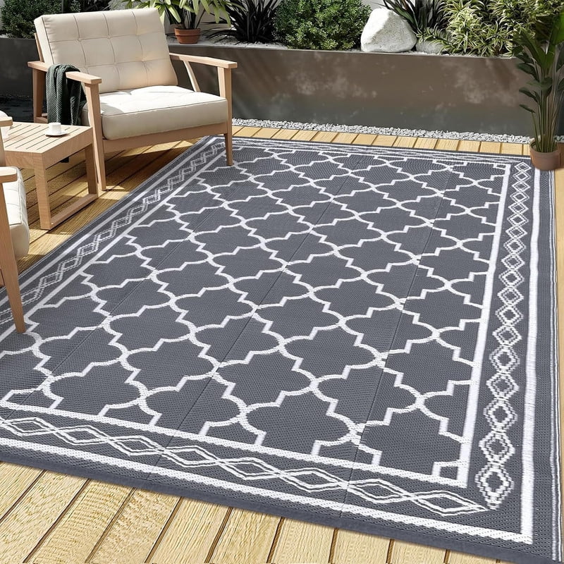 Towallmark 10x14 Outdoor Rug Waterproof, Reversible Plastic Straw Patio Mat, Large Camping Rugs for RV Backyard Deck, All Weather Outside Carpet for Balcony Picnic, Grey&White