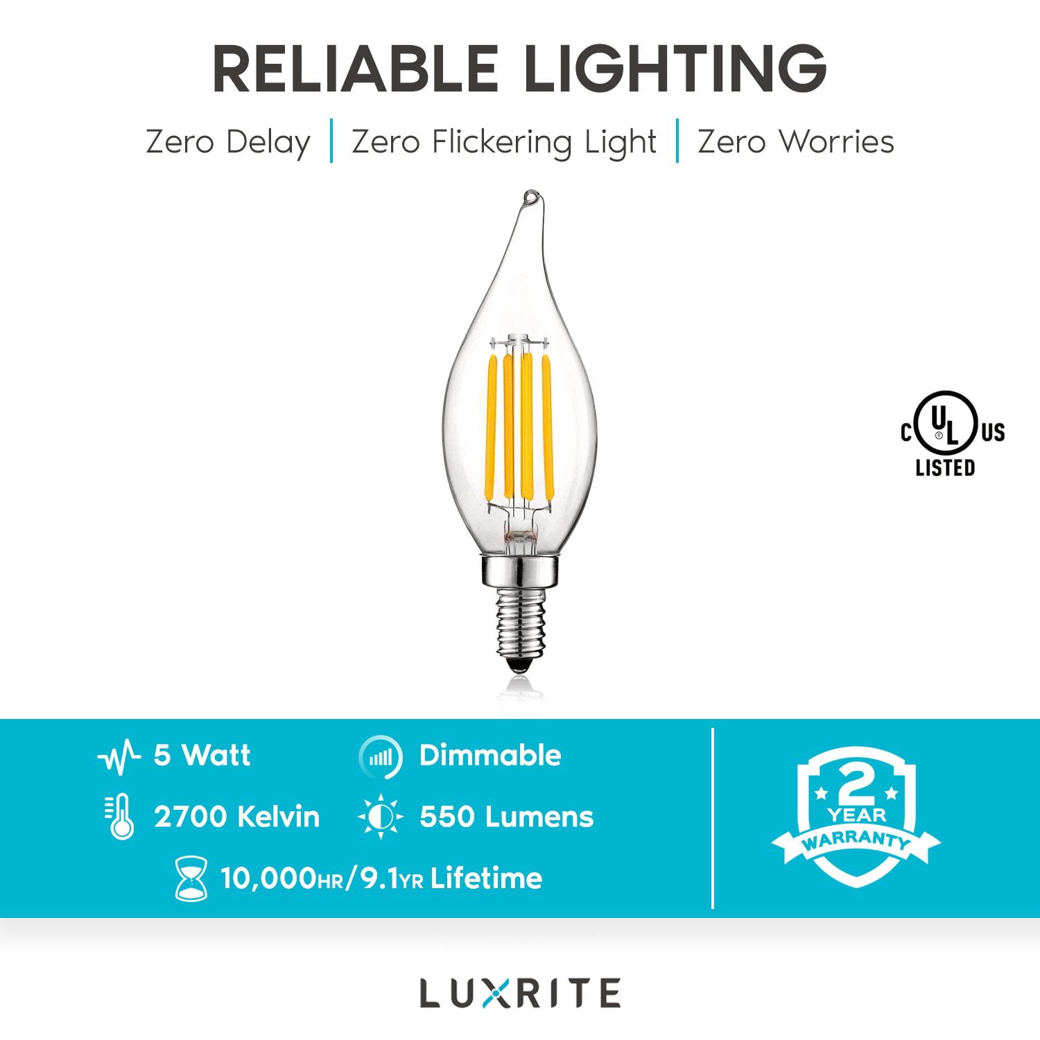 Luxrite 5W E12 Vintage Candelabra LED Dimmable Light Bulbs, 60W Equivalent 2700K Warm White, 550 Lumens, Flame Tip, 24-Pack