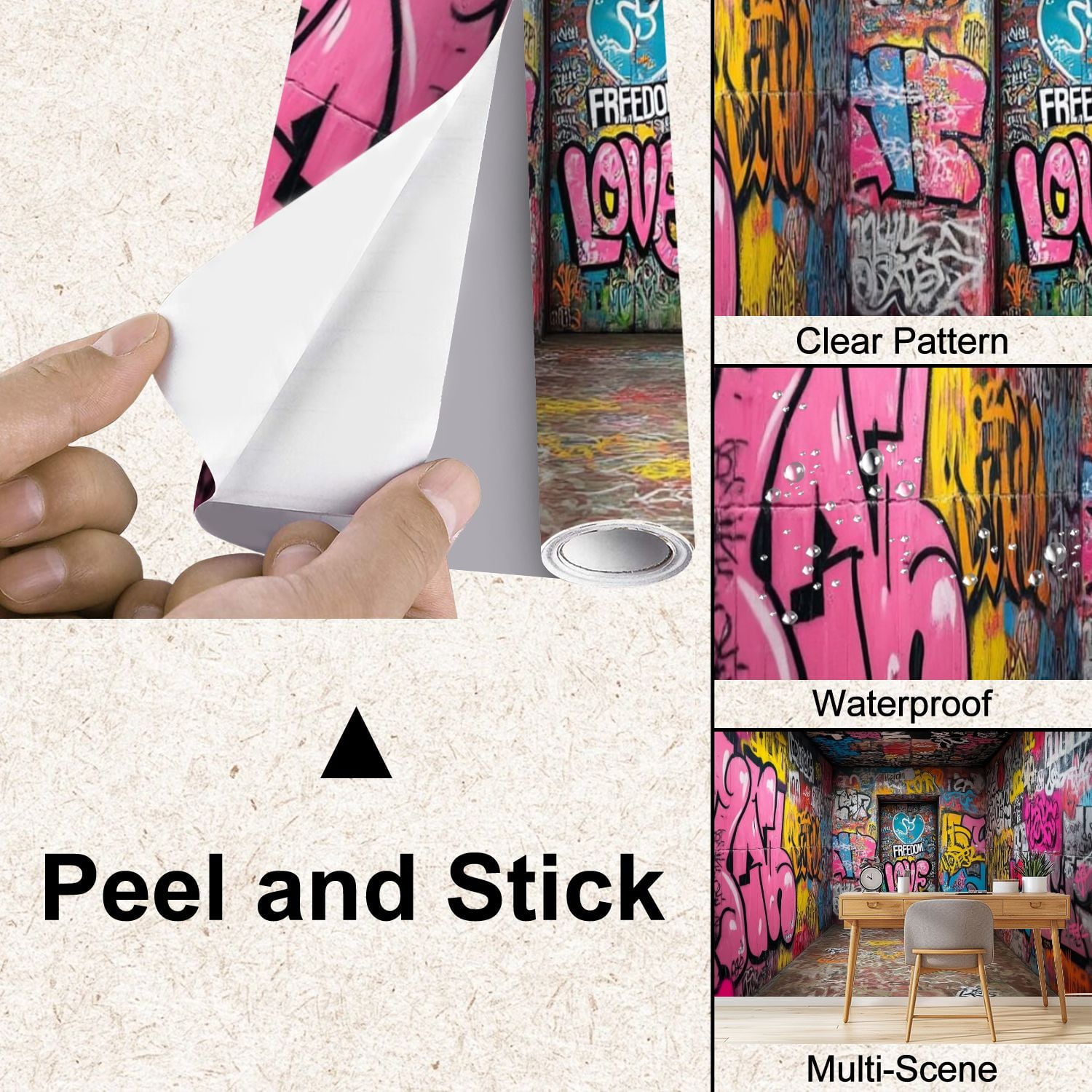 Peel and Stick Wallpaper Street Graffiti Mural 3D Street Doodle Wall Paintings Street Art Modern Art Wall Mural Decor Self Adhesive and Removable 100in x 144in