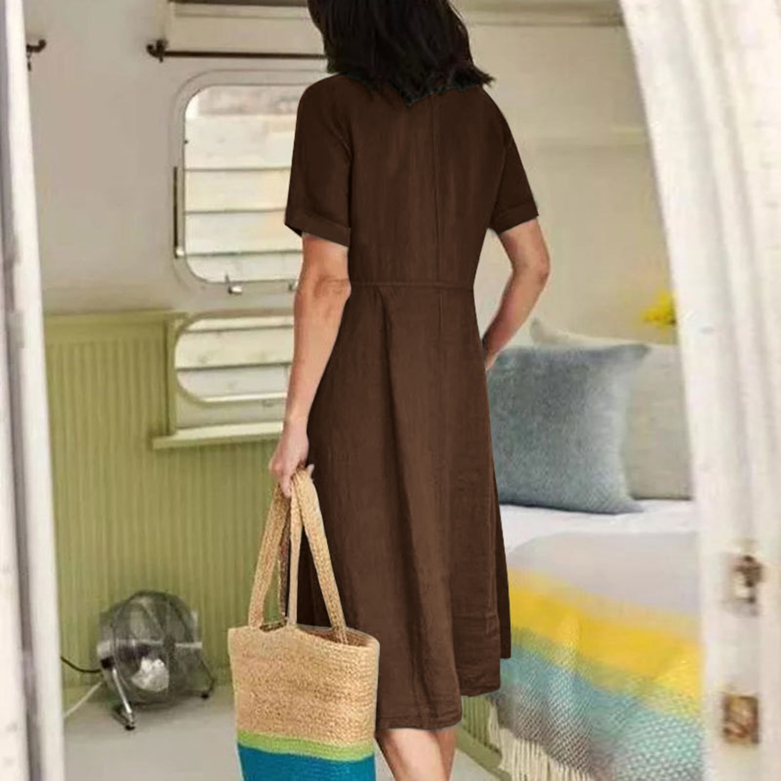 Robe été Femme Mi-longue Col V - Tunique Fluide, Manches Courtes, Grande Taille, Légère Et Confortable Pour Plage Ou Ville