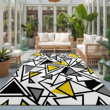 Rectangle Area Rug 8x10ft Yellow Black Geometric Triangle Living Room Rug Non-Slip Washable Circle Rugs Pad Modern Abstract Art Soft Floor Carpet for Bedroom Dining Room