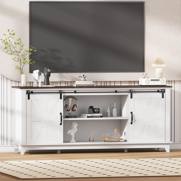 66" Farmhouse Home TV Stand for Up to 75" Television, Entertainment Center with Storage & Adjustable Shelf, Media TV Console Table with Sliding Barn Doors for Living Room, White