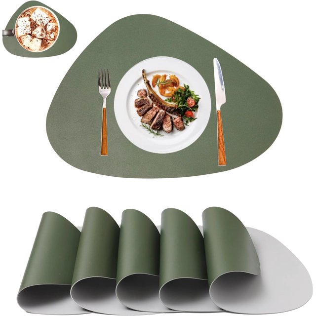 ShiYe toys Juego de 6 manteles individuales ovalados de color verde y gris claro, manteles individuales de piel sintética, manteles individuales de doble cara para mesas redondas, manteles individuale