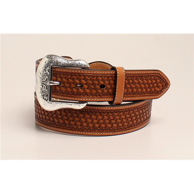 Men's Brown Smooth Woven Leather Belt Concho Horse Silver Tone Buckle 