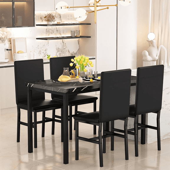 LinkRomat Dining Table Set for 4, Faux Marble Kitchen Table Set with 4 Leather Upholstered Chairs, 5 Piece Modern Dinette for Dining Room