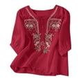 thumbnail image 2 of Linen 3/4 Sleeve Button Shirts Summer Boho Peasant Casual Gauze Clothes Embroidered Tops for Women Red M, 2 of 6