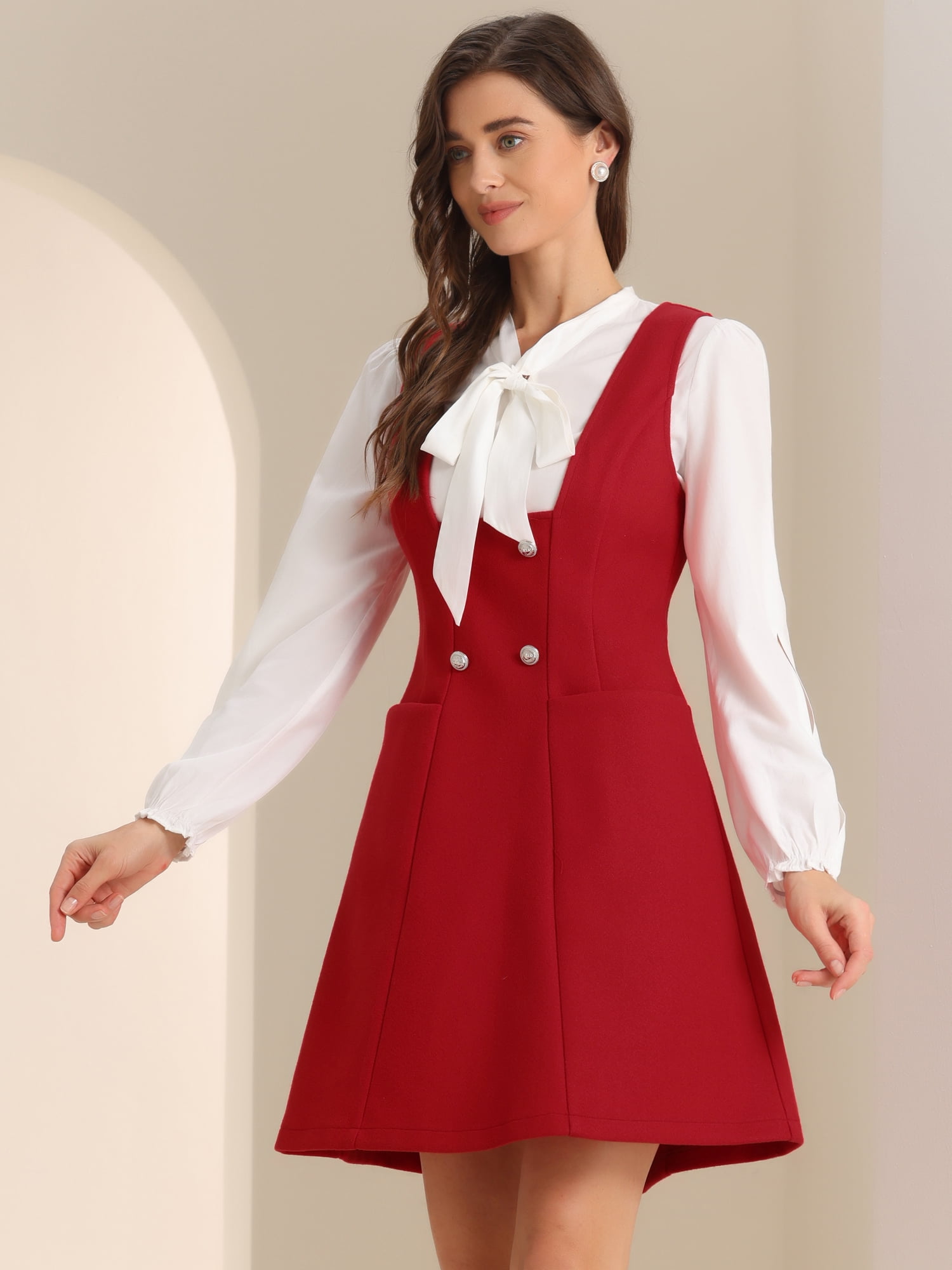 DARING DIVA Pinafore A-Line Double Breasted Overalls Suspenders M Red