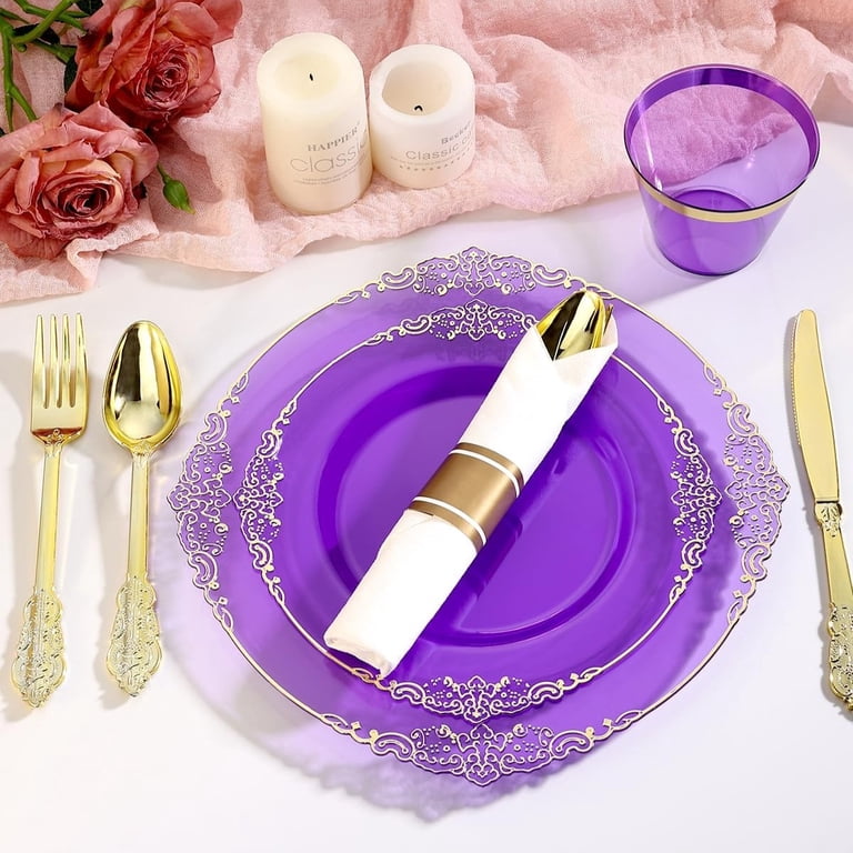 Goodluck Purple Disposable Dinnerware Set, 350-Piece for 50 Guests photo 2
