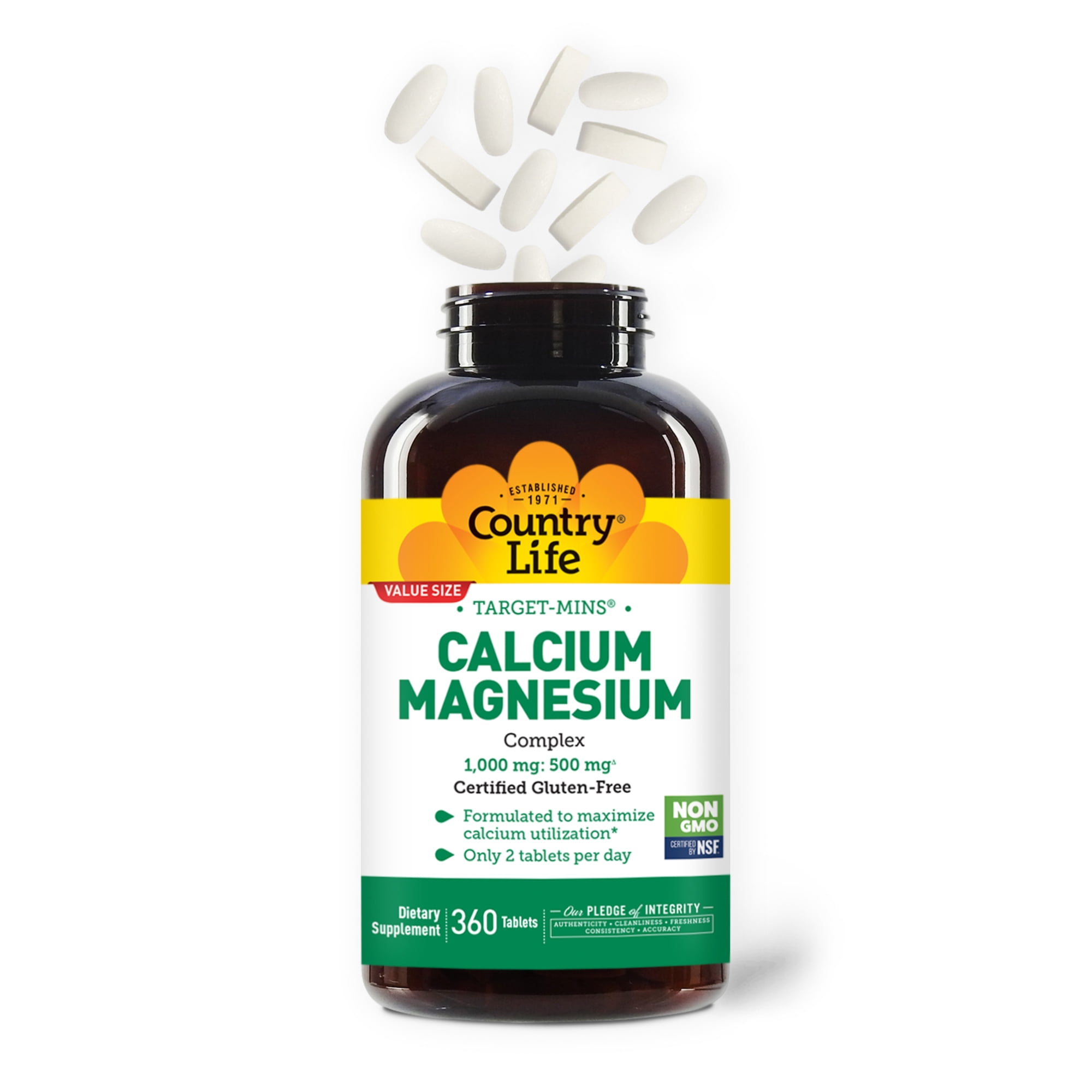 Country Life Target-Mins Calcium Magnesium Complex 1000mg/500mg, 360 Tablets, Certified Gluten Free, Vegan, Non-GMO Verified
