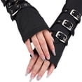 thumbnail image 4 of Guantes largos para mujer con orificio para el pulgar, 3 hebillas, decoración, elegantes guantes sin dedos para fiesta de Cosplay, color negro, 4 of 5