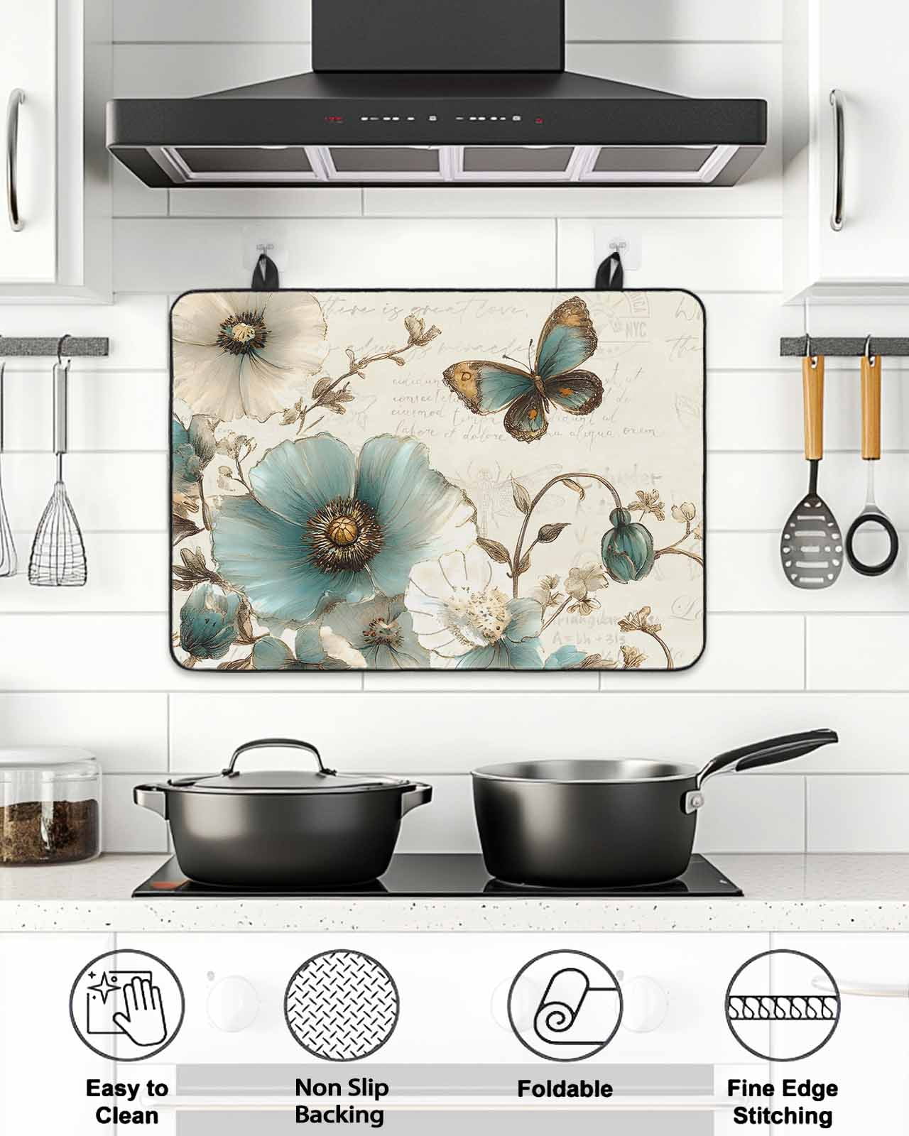 Stove Top Covers for Electric Stove, Vintage Flowers Glass Stovetop Cover Protector, Spring Floral Teal Tulip Butterfly Induction Cooktop Protector Oven Mat for Kitchen Countertop 24"x21"