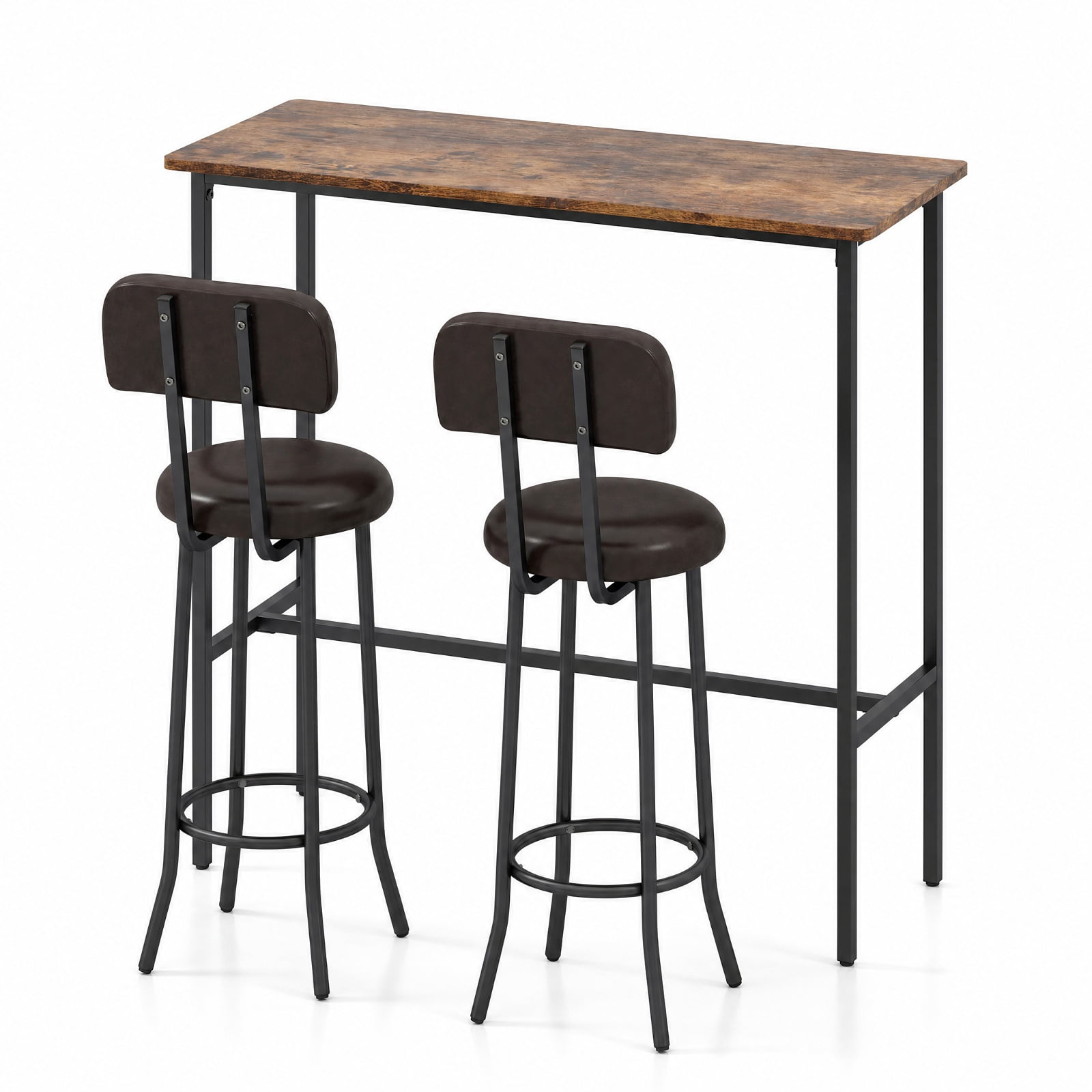 Furnibear 3-Piece Industrial Bar Table Set with 2 Upholstered Stools and Footrests for Dining Room for Kitchen Dining Room Breakfast, Rustic Brown