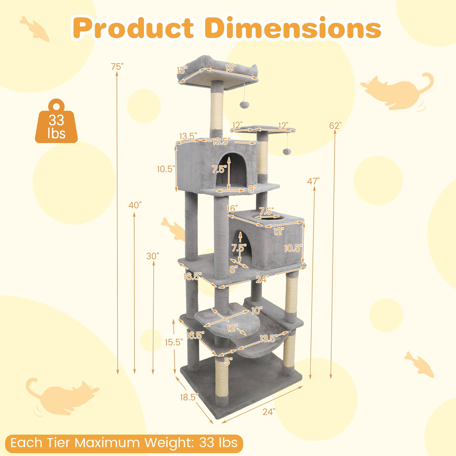 Costway 70” Cat Tree for Indoor Cats with Padded Top Perch, Dual Condos, Hammock, Platforms Light Gray