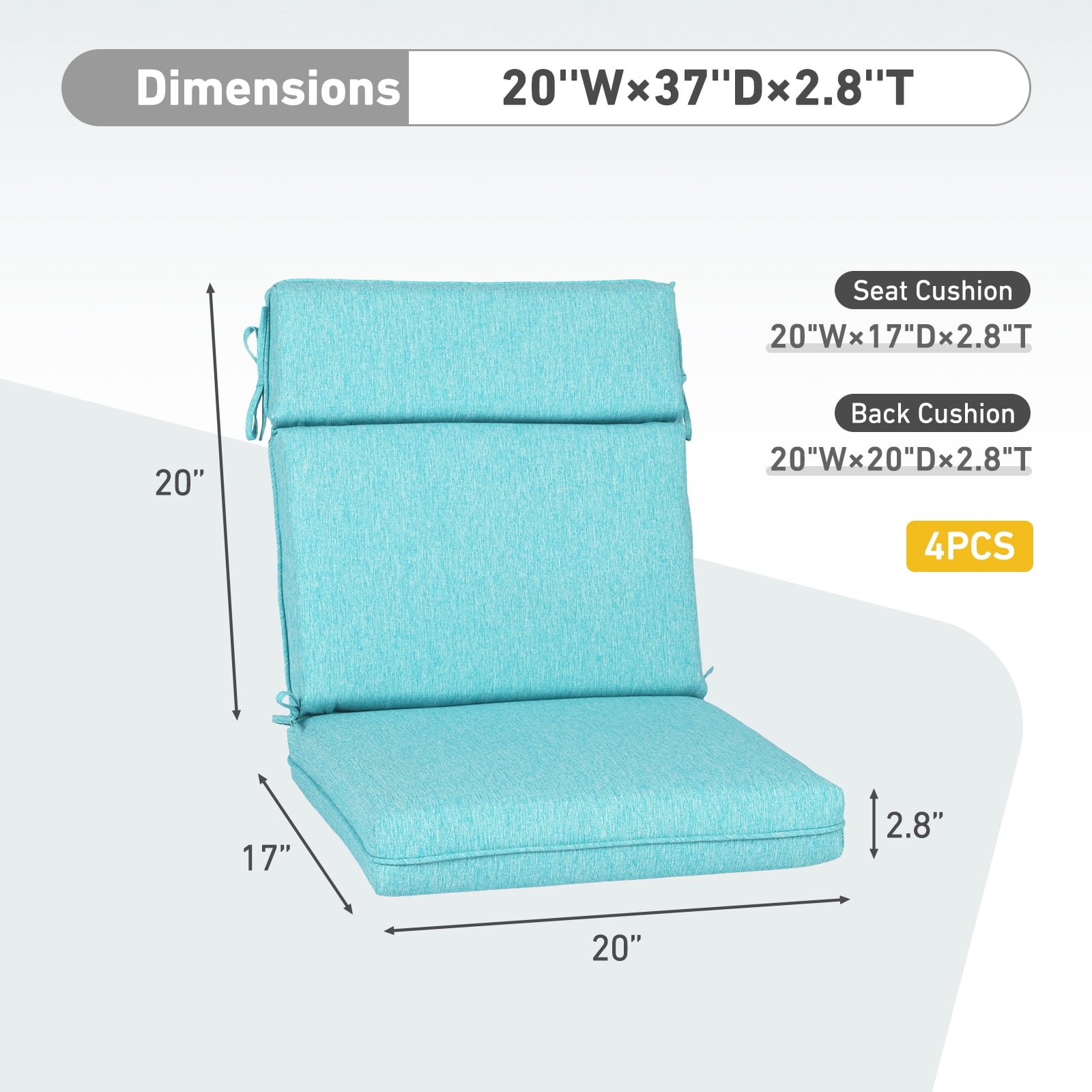 BPS 37" x 20" Aruba Blue Outdoor Dining Chair Cushions, Water Repellent, 4 Count