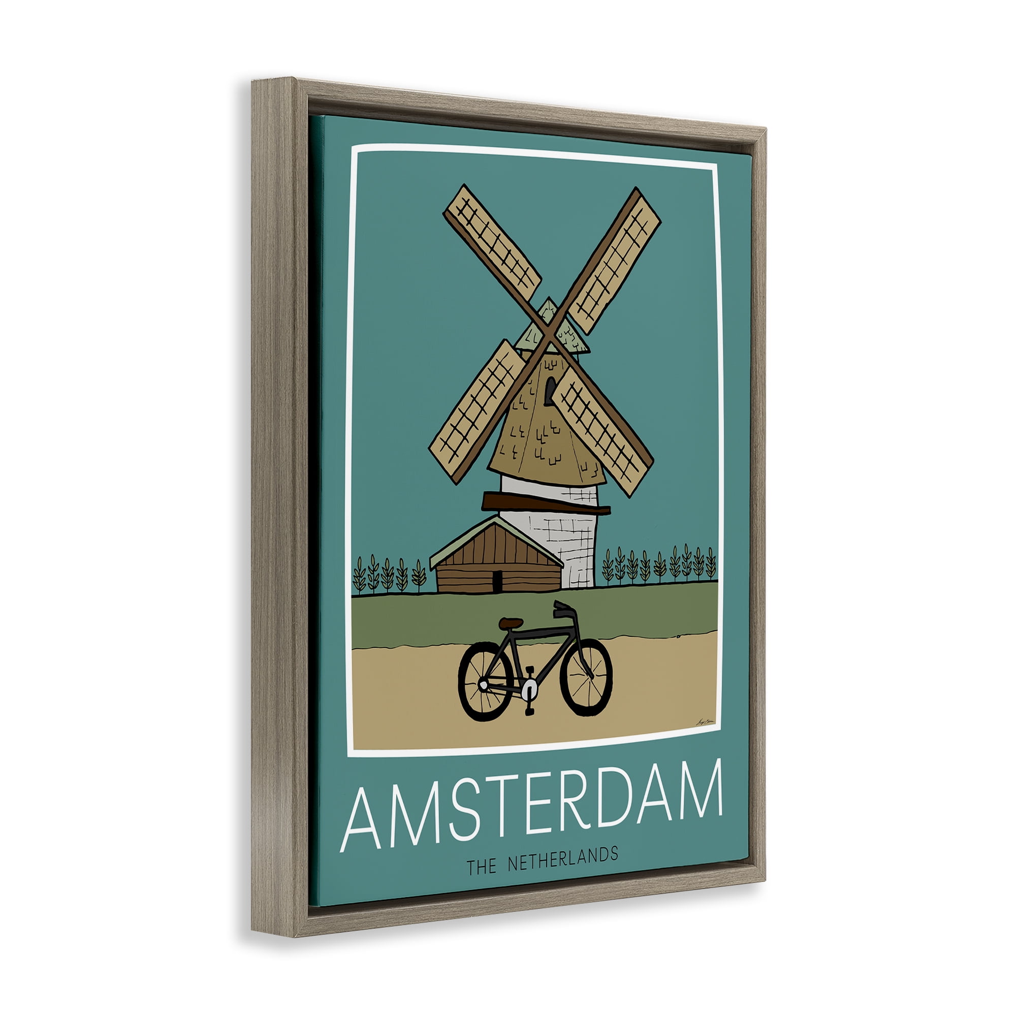 Stupell Industries Amsterdam Windmill Poster Brown Framed Floater Canvas Wall Art, design by Hugo Edwins