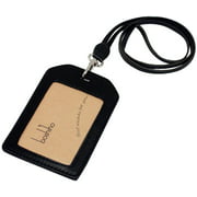 Boshiho Genuine Leather ID Card Badge Holder with Heavy Duty Lanyard Vertical Style (Black)