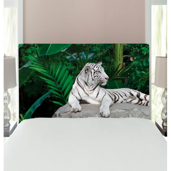 Safari Headboard, White Tiger Setting on Stone Tropic Plants Leaves Wild Jungle Majestic, Upholstered Decorative Metal Bed Headboard with Memory Foam, Twin Size, Beige Green Pale Grey, by Ambesonne