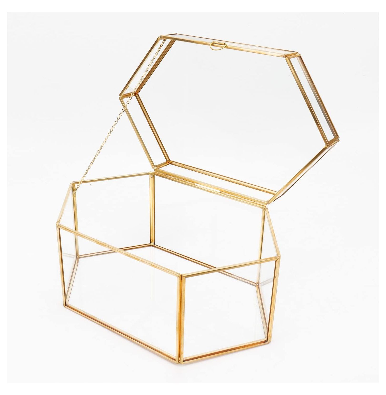 Glass Card & Gift Box for Weddings - Golden Brass Geometric Box for Birthday, Baby Shower, Graduation, Bridal Shower Gifts & Cards - Full Opening