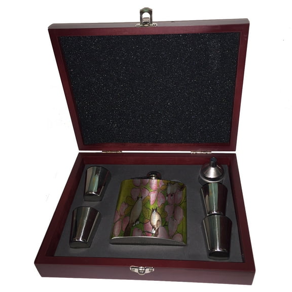 KuzmarK 6 oz. Stainless Steel Flask Set in Rose Wood Presentation Box -  Ragdoll Kitty Fairies with Pink Dogwood Art by Denise Every