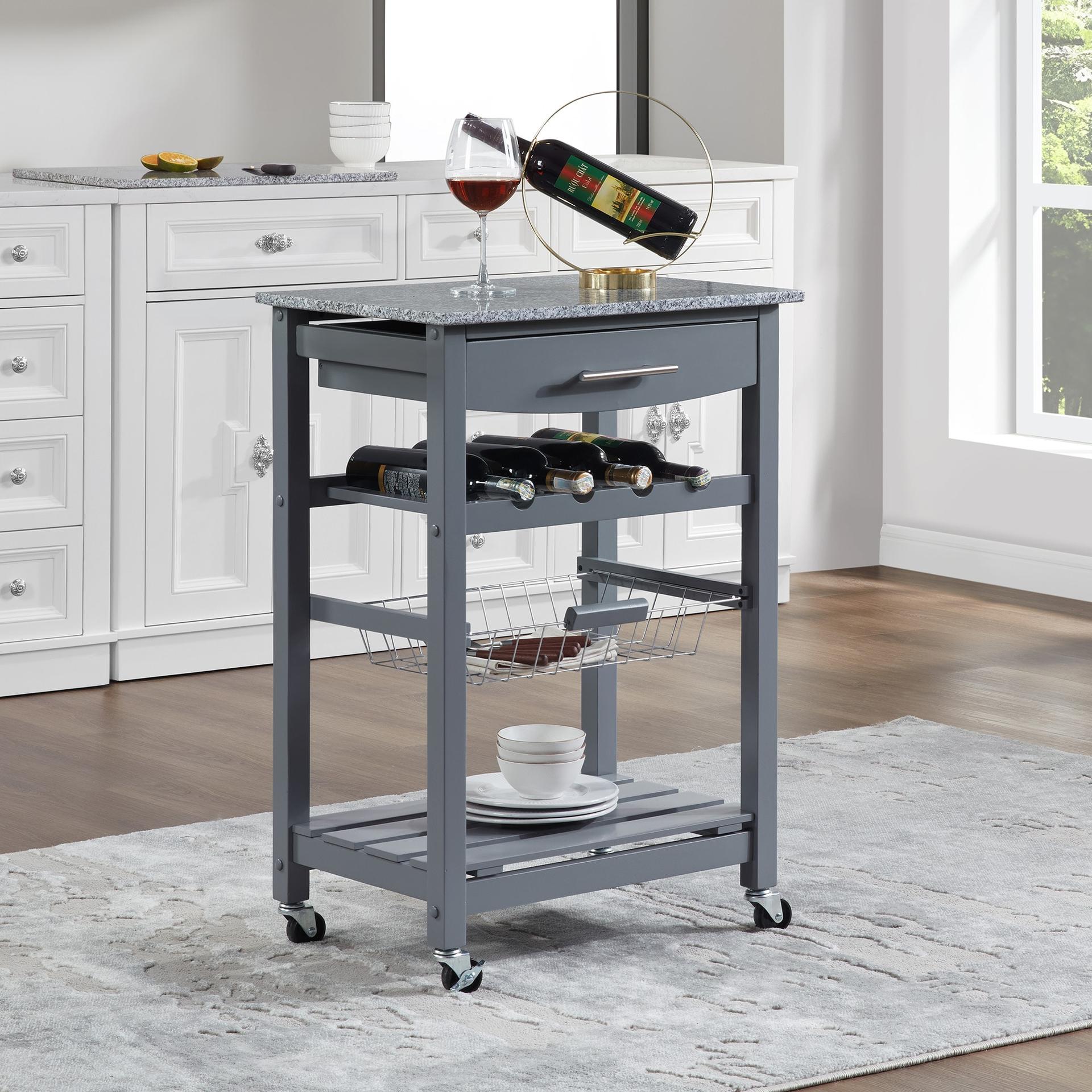 Mobile Rolling Kitchen Island Trolley Serving Cart with Underneath Drawer & Slide-Out Wire Storage Basket