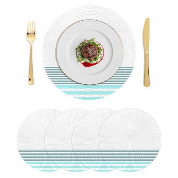 Blue Striped Round 13 Inch Placemats Set of 4, Modern Farmhouse Stripes HeatResistant Non Slip Place Mats for Dining Table, Wipeable Braided Kitchen Table Mats for Housewarming