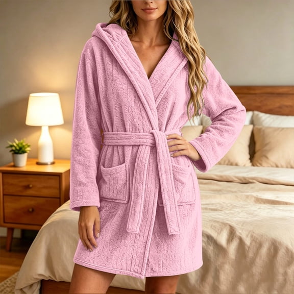 Karight Women Warm Plush Bathrobe Hooded Short Housecoat Soft Fleece Fuzzy Spa Robes Ladies Comfort Fall Winter Shower Robe