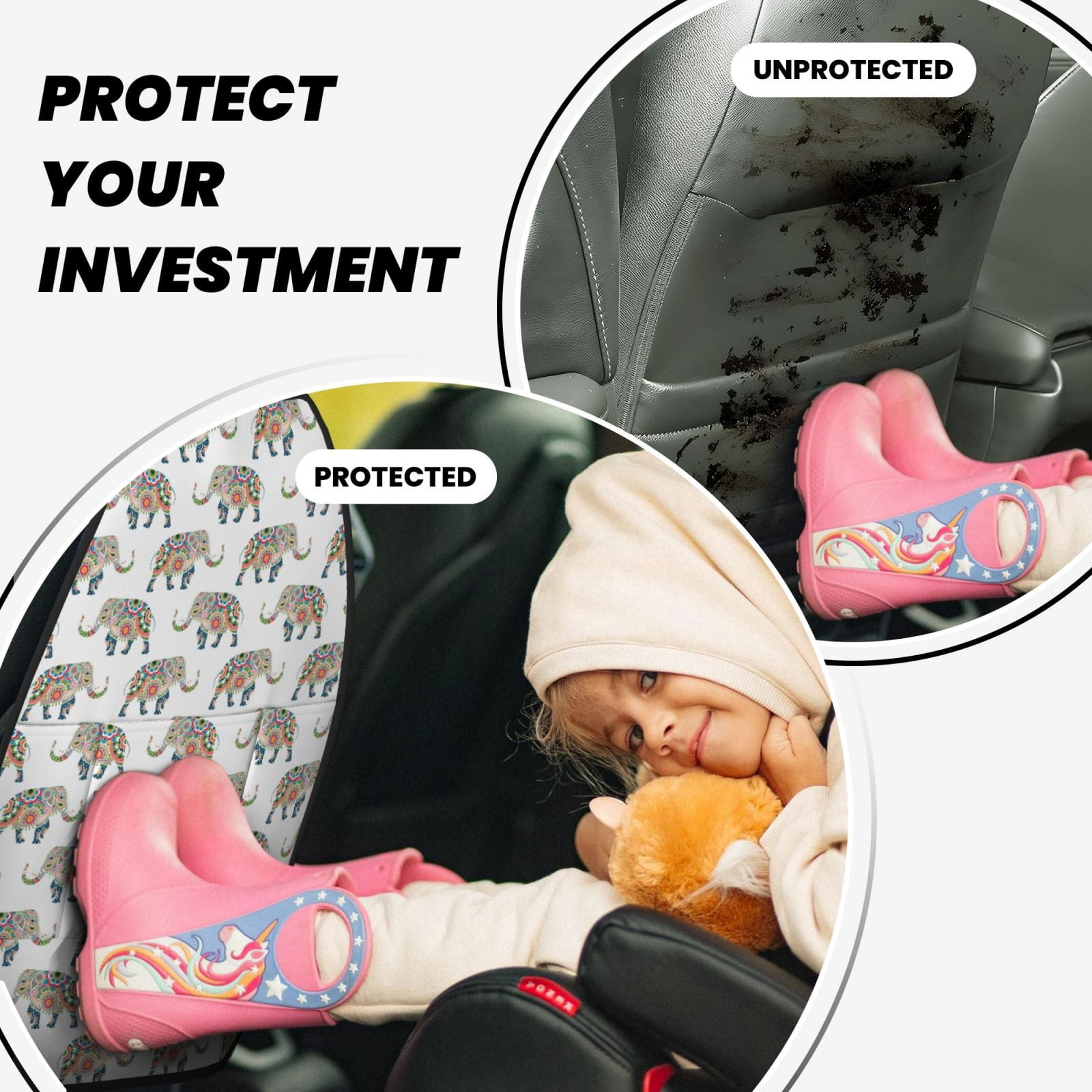 Xecao Indian Elephant Pattern Car Seat Back Protector 2 Pack Large Capacity Pocket, Kick Mats Back Seat Protector