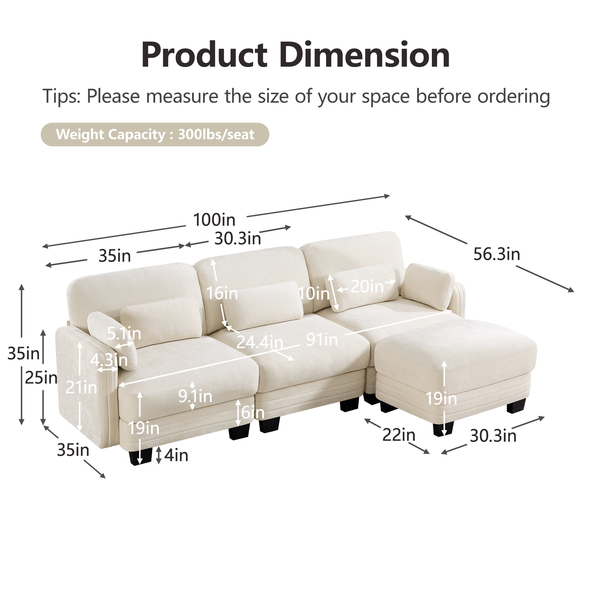 100" L Shape Modern Modular Sectional 3 Seater Sofa Couch with Movable Ottoman and 5 Pillows