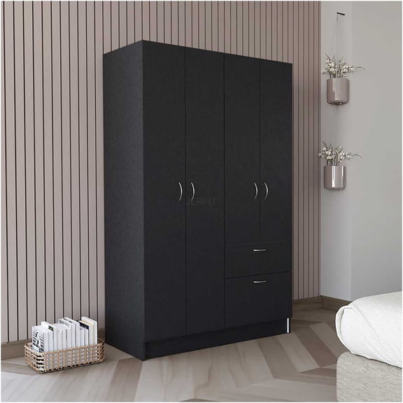 JERFIT Double Door Armoire with Hanging Rod, 5 Shelves and Drawer, Freestanding Storage Cabinet Wardrobe for Bedroom, Closet Organization, Multicolor Finish